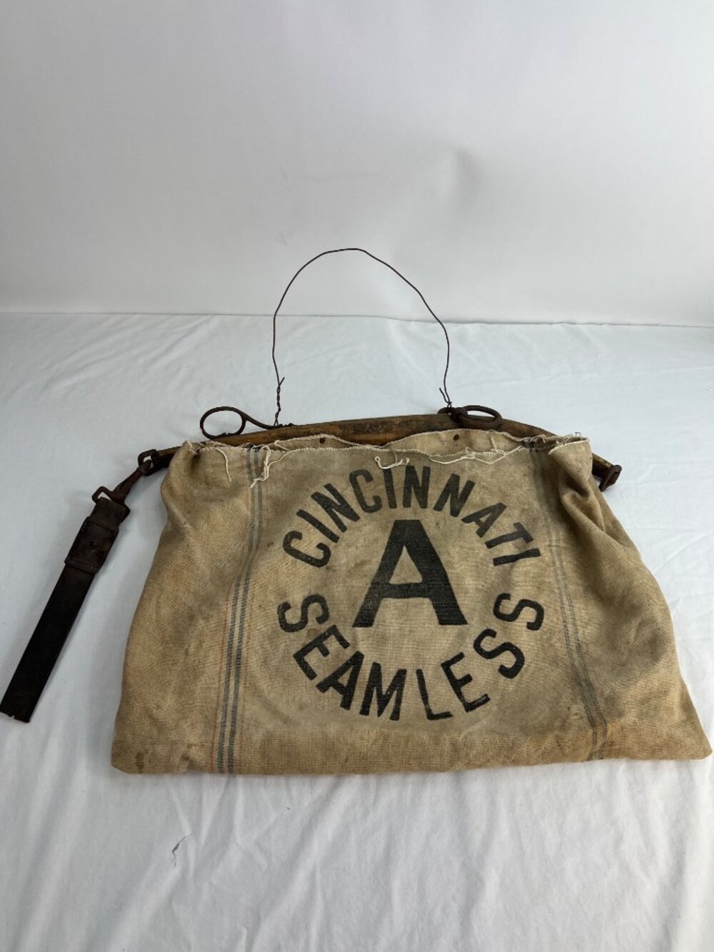 Antique Cincinnati Seamless A Grain Sack With Wood Yoke & Wire Handle 19"x13"
